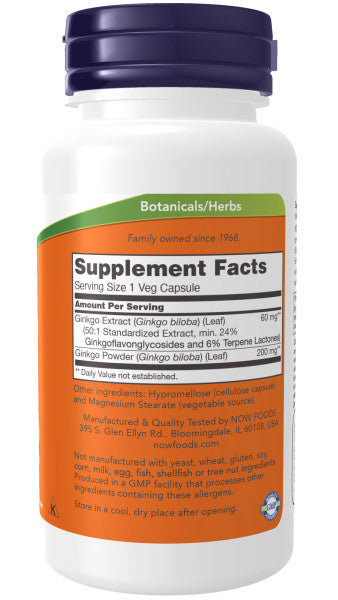 Now Ginkgo Biloba 60mg Veg Capsules 60ct