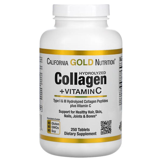 Hydrolyzed Collagen Peptides + Vitamin C, Type I & III, 250 Tablets